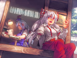 Rule 34 | 2girls, arm support, blue hair, book stack, breasts, desk, desk lamp, fujiwara no mokou, hair ribbon, hat, huge breasts, kamishirasawa keine, lamp, large breasts, light bulb, long hair, long sleeves, looking at another, looking to the side, melon22, multicolored hair, multiple girls, open mouth, pants, profile, red eyes, red pants, ribbon, shirt, short sleeves, silver hair, sitting, smile, suspenders, touhou, tress ribbon, very long hair, white shirt, writing