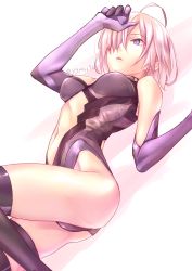 Rule 34 | absurdres, ahoge, black thighhighs, breasts, cleavage, clothing cutout, elbow gloves, fate/grand order, fate (series), gloves, hair over one eye, highres, leotard, lying, mash kyrielight, medium breasts, navel, navel cutout, on side, parted lips, purple eyes, purple gloves, purple leotard, short hair, silver hair, solo, thighhighs, yanami (yanayana company)