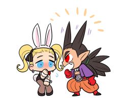 Rule 34 | 1boy, 1girl, animal ears, black footwear, black hair, black leotard, black pantyhose, black ribbon, blonde hair, blue eyes, blush, chibi, covering own mouth, dragon quest, dragon quest builders 2, earrings, embarrassed, fake animal ears, fang, female builder (dqb2), full body, gloves, hair ribbon, hoop earrings, ichi (yyy1mmm6), jewelry, knees together feet apart, leotard, long hair, open mouth, orange pants, pants, pantyhose, playboy bunny, pointy ears, ponytail, purple shirt, rabbit ears, rabbit tail, red eyes, red footwear, red gloves, ribbon, shirt, shoes, sidoh (dqb2), simple background, spiked hair, standing, tail, twintails, white background, wrist cuffs