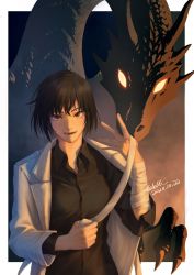 Rule 34 | 1girl, absurdres, arm out of sleeve, arm wrap, black hair, black shirt, bob cut, breasts, brown eyes, collared shirt, dated, dragon, dress shirt, fangs, glowing, glowing eyes, han sooyoung, hand up, highres, holding, long sleeves, looking at viewer, mole, mole under eye, omniscient reader&#039;s viewpoint, outside border, parted lips, shirt, short hair, signature, smile, tape, upper body, welllllll, western dragon, wrapping