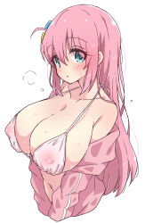 Rule 34 | 1girl, aqua eyes, blush, bocchi the rock!, bra, breasts, collarbone, commentary, covered erect nipples, cube hair ornament, gotoh hitori, hair between eyes, hair ornament, highres, jacket, large breasts, long hair, looking at viewer, mel (melty pot), navel, one side up, pink jacket, simple background, solo, sweat, track jacket, underwear, upper body, white background, white bra