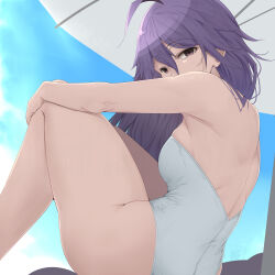 Rule 34 | ahoge, bare arms, bare legs, bare shoulders, beach umbrella, blue sky, breasts, brown eyes, casual one-piece swimsuit, day, feet out of frame, from side, hair between eyes, knees up, llowoll, long hair, looking at viewer, looking to the side, medium breasts, one-piece swimsuit, original, outdoors, purple hair, sideboob, sitting, sky, swimsuit, thighs, umbrella, very long hair, white one-piece swimsuit