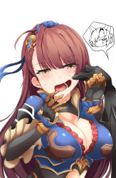 Rule 34 | 1girl, anger vein, asymmetrical bangs, beatrix (granblue fantasy), black gloves, blue ribbon, blue scrunchie, blush, breasts, brown hair, bustier, center opening, cheek pinching, cleavage, eustace (granblue fantasy), frills, gloves, granblue fantasy, hair ornament, hair ribbon, hair scrunchie, hairclip, highres, large breasts, long hair, looking at viewer, myumyutain, open mouth, pinching, ponytail, ribbon, scrunchie, simple background, solo focus, speech bubble, sweat, very long hair, white background, yellow eyes
