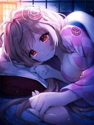 Rule 34 | + +, 1girl, antenna hair, backlighting, blanket, breasts, brown hair, byulzzi, cleavage, collarbone, hair ornament, holding hands, large breasts, long hair, looking at viewer, lumiere (shironeko project), lying, on bed, on side, pillow, pink sweater, red eyes, shironeko project, solo, solo focus, sweater, symbol-shaped pupils, unmoving pattern