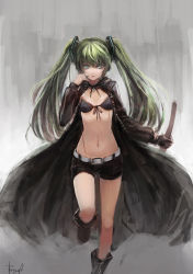 Rule 34 | 1girl, belt, bikini, bikini top only, black bikini, black rock shooter, black rock shooter (character), black rock shooter (cosplay), boots, bryanth, cosplay, front-tie top, gloves, green eyes, green hair, hatsune miku, headset, highres, matching hair/eyes, navel, scar, short shorts, shorts, solo, stitches, swimsuit, sword, twintails, vocaloid, weapon