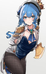 Rule 34 | 1girl, appleseed (appleseed art), arms behind back, axe, black pantyhose, blue eyes, blue hair, blue leotard, blush, closed mouth, earrings, epaulettes, fishnet pantyhose, fishnets, grey background, hair between eyes, hat, highres, holding, holding axe, hololive, hoshimachi suisei, jewelry, leotard, long hair, looking at viewer, pantyhose, simple background, smile, solo, virtual youtuber