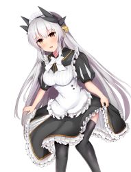 Rule 34 | 1girl, alternate costume, apron, black dress, black thighhighs, dragon girl, dragon horns, dress, enmaided, fate/grand order, fate (series), grey hair, highres, horns, kiyohime (fate), kiyohime (third ascension) (fate), long hair, maid, maid apron, maid headdress, puffy short sleeves, puffy sleeves, red eyes, short sleeves, simple background, solo, taikoi7, thighhighs, waist apron, white background