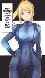 Rule 34 | 1340smile, 1girl, absurdres, blonde hair, blue bodysuit, blue eyes, blush, bodysuit, breasts, covered navel, english text, female focus, high ponytail, highres, long hair, looking at viewer, metroid, metroid dread, mole, mole under mouth, nintendo, ponytail, samus aran, simple background, skin tight, smile, solo, upper body, zero suit
