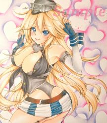 Rule 34 | 10s, 1girl, bare shoulders, blonde hair, blue eyes, breasts, cleavage, fingerless gloves, front-tie top, garter straps, gloves, hair between eyes, iowa (kancolle), kantai collection, large breasts, long hair, looking at viewer, looking back, miniskirt, salute, sample watermark, skirt, smile, solo, star-shaped pupils, star (symbol), striped clothes, striped thighhighs, symbol-shaped pupils, tama (kkm11030611), thighhighs, traditional media, vertical-striped clothes, vertical-striped thighhighs, very long hair, watermark