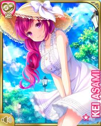 Rule 34 | 1girl, asami kei, bare arms, bare shoulders, blue background, bow, character name, closed mouth, day, dress, girlfriend (kari), hat, official art, outdoors, pink eyes, pink hair, ponytail, qp:flapper, smile, solo, sun hat, tagme, white bow, white dress