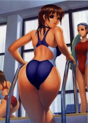Rule 34 | 3girls, absurdres, ass, bench, brown eyes, brown hair, climbing, competition swimsuit, curvy, from behind, highleg, highleg swimsuit, highres, indoors, iruma kamiri, looking back, multiple girls, one-piece swimsuit, pool, pool ladder, poolside, shiny skin, short hair, skindentation, smile, swimsuit, towel, wet, window
