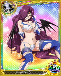Rule 34 | 10s, 1girl, absurdly long hair, artist request, bat wings, breasts, bridal gauntlets, card (medium), character name, checkered background, chess piece, circlet, cleavage, covered erect nipples, garter straps, gradient background, hair over one eye, high school dxd, large breasts, lipstick, long hair, makeup, official art, purple eyes, purple hair, purple lips, queen (chess), rainbow background, runes, smile, solo, thighhighs, torn clothes, torn thighhighs, trading card, underboob, very long hair, wavy hair, wings, yubelluna