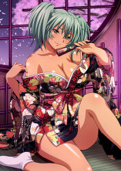 Rule 34 | 1girl, ahoge, aqua hair, breasts, cleavage, closed mouth, collarbone, floral print, green eyes, hair between eyes, holding, ikkitousen, indoors, japanese clothes, kimono, large breasts, long hair, long sleeves, looking at viewer, naked kimono, no bra, off shoulder, print kimono, ryofu housen, shiny skin, short kimono, sitting, smile, socks, solo, twintails, white socks, wide sleeves