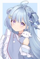 Rule 34 | 1girl, ahoge, amaui, animal, animal on shoulder, basa rutan, blue background, blue bow, blue hair, blue kimono, blunt bangs, blush, bow, braid, closed mouth, commentary request, crescent, crescent hair ornament, crown braid, frilled kimono, frilled sleeves, frills, hair bow, hair intakes, hair ornament, japanese clothes, kimono, long hair, long sleeves, looking at viewer, medium bangs, multicolored hair, nanashi inc., neck ribbon, pink ribbon, purple eyes, rabbit, ribbon, side braid, sleeves past fingers, sleeves past wrists, smile, solo, two-tone background, two-tone hair, upper body, virtual youtuber, white background, white bow, white hair, wide sleeves