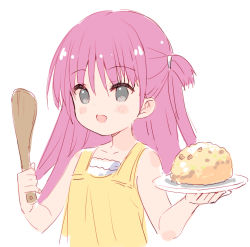 Rule 34 | 1girl, :d, bare arms, bare shoulders, blush stickers, collarbone, commentary request, cropped torso, dress, food, fried rice, grey eyes, hair between eyes, holding, holding plate, katou umi, long hair, looking away, meito (maze), one side up, open mouth, pink hair, plate, simple background, sleeveless, sleeveless dress, smile, solo, summer pockets, upper body, white background, wooden spoon, yellow dress