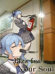 Rule 34 | 1girl, blue eyes, closed eyes, english text, fire extinguisher, full body, hololive, hoshimachi suisei, image sample, jazz for your soul (meme), kiel adair, photo (medium), solo, standing, twintails, twitter sample, virtual youtuber