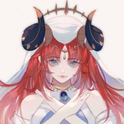 Rule 34 | 1girl, bare shoulders, black horns, blue veil, cross, detached sleeves, forehead jewel, genshin impact, horns, light blue eyes, long hair, looking at viewer, nail polish, nilou (genshin impact), off shoulder, ornament, red hair, red nails, shirt, solo, upper body, veil, wenling65606, white background
