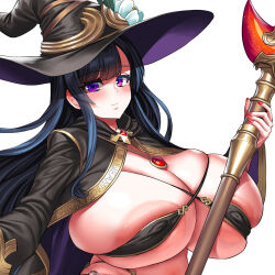 1girl areola_slip black_bra black_hair blue_eyes blunt_bangs blush bra breasts bursting_breasts closed_mouth curvy eyebrows_hidden_by_hair female_focus hair_over_breasts hat highres holding holding_staff huge_breasts jewelry large_areolae long_hair long_sleeves looking_at_viewer micro_bra nail_polish necklace obui official_art original purple_eyes red_nails revealing_clothes robe skindentation smile staff underwear upper_body white_background wide_sleeves witch witch_hat