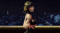 Rule 34 | 1girl, bare shoulders, black dress, black gloves, black hair, blood, blood on clothes, blood on face, blood on hands, breasts, city, city lights, dress, fingerless gloves, flower, gloves, gold hairband, hair between eyes, hair flower, hair ornament, hair up, hairband, highres, honeybunny-art, looking back, medium breasts, night, night sky, outstretched hand, parted lips, red eyes, sidelocks, sky, smile, solo, spy x family, upper body, wide shot, yor briar