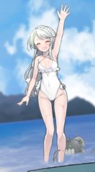 Rule 34 | 1girl, abyssal ship, asymmetrical bangs, blue sky, casual one-piece swimsuit, closed eyes, cloud, day, dutch angle, enemy naval mine (kancolle), feet out of frame, flower, frilled swimsuit, frills, grey hair, hair flower, hair ornament, hairband, highleg, highleg swimsuit, kantai collection, long hair, mountain, official alternate costume, one-piece swimsuit, outdoors, sagiri (kancolle), shawl, side-tie swimsuit, sky, soaking feet, swept bangs, swimsuit, teeth, tentacles, waving, white one-piece swimsuit, white shawl, yuki to hana