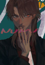 Rule 34 | 1boy, black jacket, brown hair, closed mouth, collared shirt, commentary, expressionless, fingernails, formal, highres, ichijou seiya, jacket, kaiji, long hair, long sleeves, looking at viewer, male focus, medium bangs, necktie, red eyes, red shirt, shirt, solo, suit, upper body, white necktie, xt1125cj