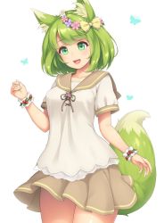 Rule 34 | 1girl, :d, animal ear fluff, animal ears, blunt bangs, blush, bow, breasts, bug, butterfly, cowboy shot, fox ears, fox girl, fox tail, grass, green eyes, green hair, hair bow, head wreath, insect, looking at viewer, medium breasts, neck ribbon, open mouth, original, pleated skirt, ribbon, sasaame, school uniform, serafuku, short sleeves, simple background, skirt, smile, solo, standing, tail, white background, wristband