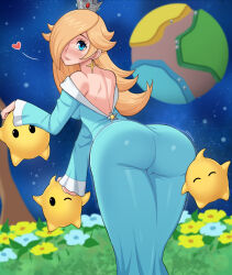 Rule 34 | 1girl, ass, ass shake, back, bare shoulders, blonde hair, blue dress, blue eyes, blush, breasts, closed mouth, crown, dress, earrings, eyelashes, flower, from behind, hair over one eye, heart, jewelry, leaning forward, legs together, long hair, long sleeves, looking at viewer, looking back, luma (mario), mario (series), medium breasts, nintendo, off-shoulder dress, off shoulder, outdoors, planet, prodviks, rosalina, shoulder blades, smile, star (sky), star (symbol), star earrings, super mario galaxy, tight clothes, tight dress, wide sleeves