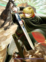 Rule 34 | 2boys, ares (fire emblem), belt, black cape, black footwear, black jacket, blonde hair, blue eyes, blue hair, boots, brown belt, cape, castle, commentary request, fire emblem, fire emblem: genealogy of the holy war, fire emblem cipher, foot out of frame, holding, holding sword, holding weapon, horse, jacket, long sleeves, looking at viewer, male focus, moyatarou, multiple boys, nintendo, official art, outdoors, pants, reflection, scabbard, seliph (fire emblem), sheath, short hair, solo focus, standing, sword, weapon, white pants, yellow eyes