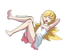 Rule 34 | 1girl, armpits, arms behind head, arms up, artist name, bare legs, barefoot, blonde hair, blush stickers, collarbone, dress, fangs, feet, feet up, female focus, flat chest, full body, highres, long hair, looking to the side, lying, monogatari (series), on back, open mouth, oshino shinobu, simple background, sleeveless, sleeveless dress, solo, taku34128, teeth, thighs, toes, twitter username, very long hair, white background, white dress, yellow eyes