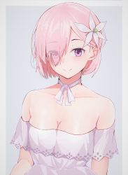 Rule 34 | 1girl, bow, bowtie, breasts, cleavage, collarbone, dress, eyes visible through hair, fate/grand order, fate (series), flower, hair flower, hair ornament, hair over one eye, highres, looking at viewer, mash kyrielight, mash kyrielight (formal dress), medium breasts, off-shoulder dress, off shoulder, official alternate costume, pink hair, purple eyes, short hair, simple background, solo, upper body, viewran, white flower
