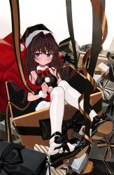 Rule 34 | 1girl, :/, bag, black dress, black footwear, black hat, blue eyes, blush, bow, box, brown hair, closed mouth, commentary request, dress, elisia valfelto, eyebrows hidden by hair, feet up, footwear bow, fur trim, gift, gift box, hair intakes, hat, highres, holding, holding bag, jitome, long hair, luicent, mary janes, orange ribbon, original, pantyhose, pile, pom pom (clothes), red bag, ribbon, santa hat, shoe dangle, shoe soles, shoes, simple background, sitting, solo, white background, white pantyhose