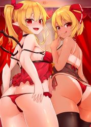 Rule 34 | 2girls, ass, bare arms, bare shoulders, black choker, black legwear, blonde hair, breasts, butt crack, camisole, chiroshiron, choker, closed mouth, curtains, fang, flandre scarlet, from behind, hair ribbon, highres, licking lips, long hair, looking at viewer, looking back, multiple girls, no pants, open mouth, panties, pointy ears, red eyes, red panties, red ribbon, ribbon, rumia, side-tie panties, side ponytail, small breasts, smile, standing, sweat, tan, tanline, thighhighs, tongue, tongue out, touhou, underwear, underwear only, wings