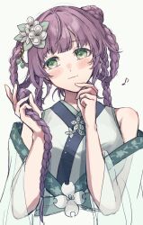Rule 34 | 1girl, airan alp, blush, braid, braided bun, braided hair rings, eighth note, flower, green eyes, green kimono, hair bun, hair flower, hair ornament, hand on own chin, head tilt, highres, holding, holding own hair, japanese clothes, kimono, kunpuu no shirabe (love live!), light smile, link! like! love live!, long braid, long hair, looking to the side, love live!, musical note, official alternate costume, official alternate hairstyle, otomune kozue, purple hair, see-through, simple background, single side bun, sleeveless, sleeveless kimono, solo, upper body, white background, white flower