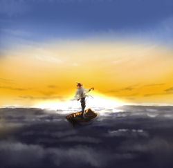Rule 34 | 1boy, album cover, boat, bowler hat, cover, hat, iesupa, male focus, ocean, parody, pink floyd, roman torchwick, rwby, solo, sunset, the endless river, watercraft