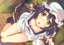 Rule 34 | 1girl, :o, bare legs, black hair, black socks, blue eyes, blush, censored, collarbone, convenient censoring, couch, dress, from above, hat, inato serere, kneehighs, looking up, no panties, no pants, open mouth, panties, pants, panty pull, shiina mayuri, short hair, short shorts, shorts, unworn shorts, sitting, socks, solo, steins;gate, sweatdrop, underwear