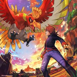Rule 34 | 1boy, animal focus, beak, bird, black jacket, blue pants, claws, cloud, commentary request, creature, creatures (company), flying, game freak, gen 2 pokemon, highres, ho-oh, hungry clicker, jacket, legendary pokemon, long hair, long sleeves, looking at another, nintendo, official art, open mouth, outdoors, pants, pokemon, pokemon (creature), pokemon hgss, pokemon masters ex, profile, red eyes, red hair, silver (pokemon), sky, standing, sunset, swept bangs