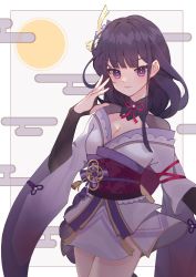 Rule 34 | 1girl, braid, breasts, bridal gauntlets, cleavage, closed mouth, cloud, commentary, egasumi, english commentary, flower, genshin impact, ha11ro, hair ornament, highres, japanese clothes, kimono, long hair, long sleeves, looking at viewer, purple eyes, purple flower, purple hair, raiden shogun, ribbon, sash, simple background, smile, solo, symbol-only commentary, tassel, white background, wide sleeves