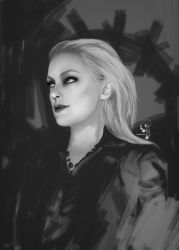 Rule 34 | alex wesker, blonde hair, female focus, greyscale, highres, jewelry, lipstick, long hair, looking away, madbedlam, makeup, monochrome, necklace, resident evil, resident evil: revelations 2, smirk, surreal