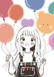 Rule 34 | 1girl, :d, balloon, black eyes, black overalls, blush stickers, dot nose, grin, highres, holding, holding balloon, humi natsu, long hair, looking at viewer, open mouth, original, overalls, shirt, short sleeves, sidelocks, simple background, smile, solo, straight-on, teeth, upper body, white background, white hair, white shirt