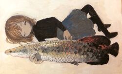 Rule 34 | 1girl, arapaima, arm across waist, black pantyhose, black shirt, brown background, brown hair, closed eyes, closed mouth, commentary, expressionless, facing to the side, facing viewer, fish, full body, grey skirt, highres, knees up, long sleeves, lying, medium hair, on back, original, painting (medium), pantyhose, pleated skirt, shirt, skirt, sleeping, solo, traditional media, turtleneck, zinbei