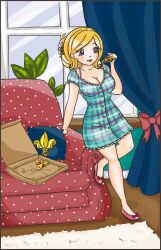 Rule 34 | 1girl, blonde hair, blue curtain, blue dress, breasts, cleavage, couch, daysdays, dress, fleur-de-lis, food, highres, holding, holding food, holding pizza, large breasts, leaning on object, medium breasts, non-web source, pizza, purple eyes, solo, tight clothes, tight dress