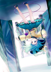 Rule 34 | 1girl, ainy, aqua eyes, bad id, bad pixiv id, black footwear, black hat, bow, green hair, green shirt, hat, hat bow, heart, heart of string, highres, komeiji koishi, long sleeves, looking at viewer, mary janes, outstretched arms, pillar, shirt, shoes, smile, solo, spread arms, third eye, touhou, upside-down, wide sleeves, yellow bow, yellow legwear, yellow shirt