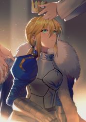 Rule 34 | 1girl, absurdres, armor, armored dress, artoria pendragon (all), artoria pendragon (fate), blonde hair, blue cape, blue dress, cape, crown, dress, dressing another, fate/grand order, fate (series), fur trim, gauntlets, green eyes, hair between eyes, highres, holding, holding crown, juliet sleeves, light particles, long sleeves, looking at another, looking away, low ponytail, out of frame, parted lips, ponytail, puffy sleeves, putting on headwear, royal robe, saber (fate), sidelocks, solo focus, upper body, yorukun