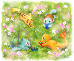 Rule 34 | border, bright pupils, brown eyes, bulbasaur, charmander, creatures (company), flame-tipped tail, flower, game boy, game freak, gen 1 pokemon, green eyes, handheld game console, highres, holding, holding handheld game console, nintendo, no humans, on grass, open mouth, pikachu, pink flower, plant, playing games, pokemon, pokemon (creature), red eyes, siho1209, sparkle, squirtle, sweatdrop, turtle shell, vines, white border, white flower, white pupils