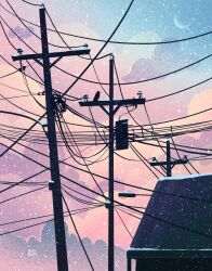 Rule 34 | absurdres, alex plante, artist name, bird, building, cloud, commentary, english commentary, gradient theme, highres, lamppost, moon, no humans, original, outdoors, power lines, procreate (medium), scenery, snow, sunset, utility pole