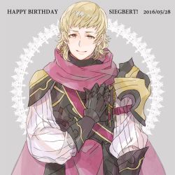 Rule 34 | !, 1boy, armor, blonde hair, brown eyes, cape, character name, dated, fire emblem, fire emblem fates, gloves, grey background, happy birthday, male focus, nintendo, shourou kanna, siegbert (fire emblem), simple background, solo