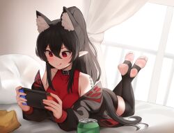 Rule 34 | 1girl, :q, absurdres, animal ear fluff, animal ears, bare shoulders, black choker, black hair, black jacket, black thighhighs, breasts, choker, closed mouth, collarbone, commission, extra ears, feet, handheld game console, highres, holding, jacket, legs up, long hair, long sleeves, looking down, lying, medium breasts, nintendo switch, off shoulder, on stomach, open clothes, open jacket, original, pharamacom, playing games, podo (hrodvitnir), pointy ears, ponytail, red eyes, red shirt, second-party source, shirt, sleeveless, sleeveless shirt, smile, solo, the pose, thighhighs, thighs, toeless legwear, toes, tongue, tongue out, v-shaped eyebrows, very long hair, wolf ears