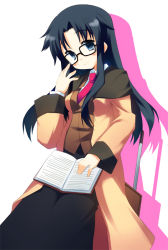 Rule 34 | 00s, 1girl, adjusting eyewear, black-framed eyewear, black hair, black skirt, blue eyes, blush, book, breasts, chair, closed mouth, cowboy shot, glasses, head tilt, holding, holding book, jacket, long hair, long sleeves, looking at viewer, medium breasts, meito (maze), necktie, open book, open clothes, open jacket, orange jacket, read or die, red necktie, sitting, skirt, smile, solo, tareme, two-tone background, yomiko readman