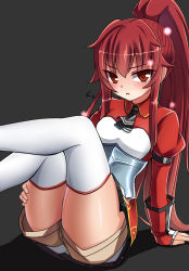 Rule 34 | armor, blush, elesis (elsword), elsword, frown, glowing, gold trim, half-closed eyes, hand on own thigh, highres, legs up, long hair, ponytail, red eyes, red hair, sitting, solo, thighhighs, thighs, very long hair, white thighhighs, zetsuei (zetto)