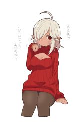 Rule 34 | 1girl, absurdres, ahoge, black pantyhose, blush, borrowed character, breasts, cleavage, cleavage cutout, clothing cutout, dark-skinned female, dark skin, hair over one eye, highres, large breasts, malice-chan (malice stella), meme attire, open-chest sweater, original, pantyhose, pointy ears, red eyes, ribbed sweater, simple background, solo, sweater, tadashi (tadashi1013), turtleneck, white background, white hair